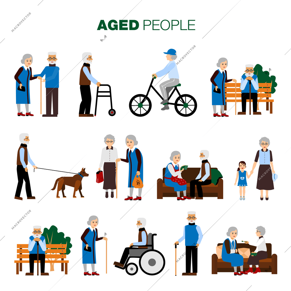 Male and female old age people in different sitiations set on white background flat isolated vector illustration