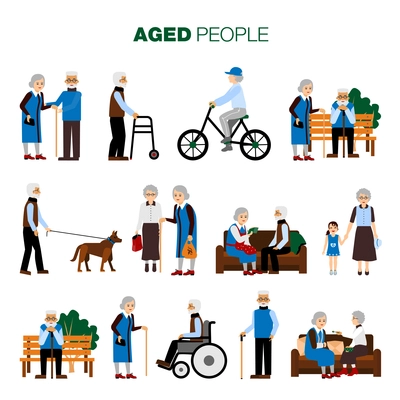 Male and female old age people in different sitiations set on white background flat isolated vector illustration