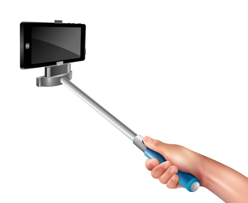 Hand holding blue selfie stick with black phone on white background realistic vector illustration