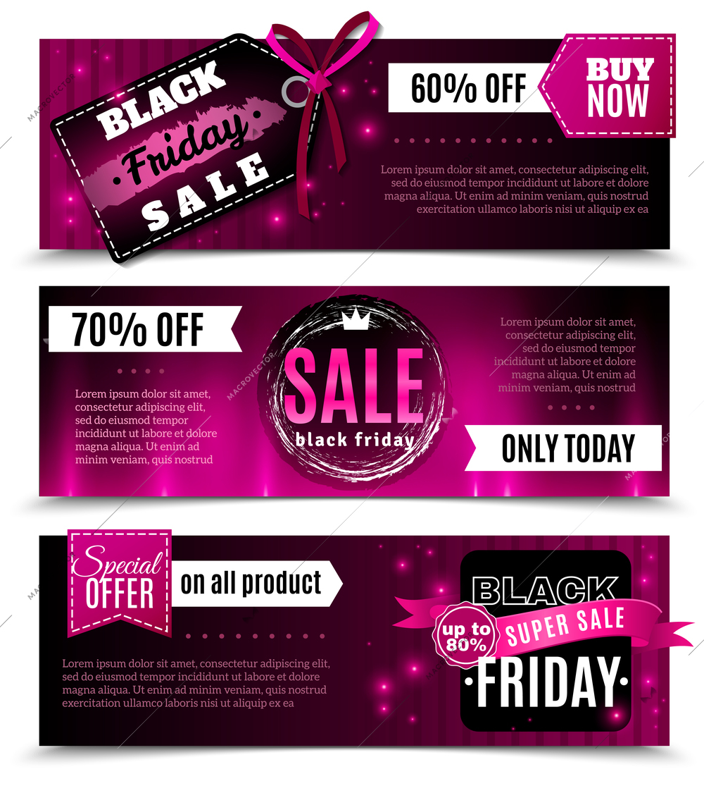 Black friday sale horizontal banners with labels tags and badges in pink color vector illustration