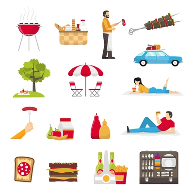 Picnic and barbecue flat icons with skewer basket products cookware set for picnic in suitcase people resting outdoor isolated vector illustration