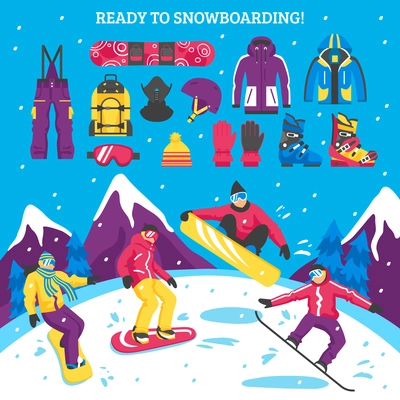 Snowboarding vector illustration with sportsmen figurines and collection of snowboarders equipment clothes and accessories for active winter sport