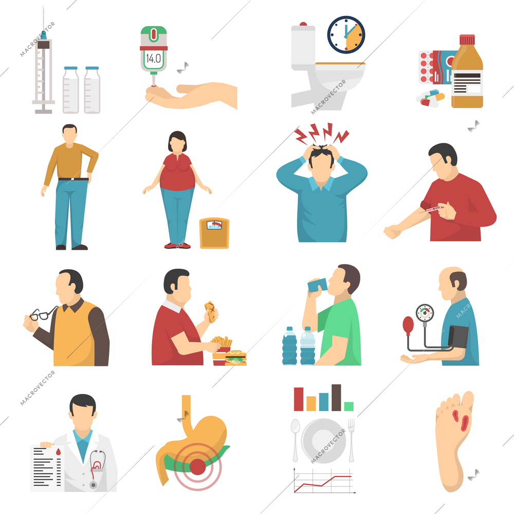 Diabetes symptoms icons set of people with weight disorders headaches suffering from thirst and overeating flat vector illustration