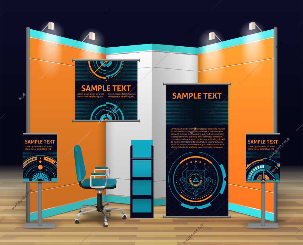 Exhibition stand design with booth display billboards shelves and chair in digital style isolated vector illustration