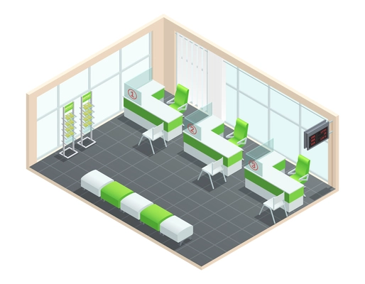 Color isometric concept of bank manager room with green and white palette vector illustration