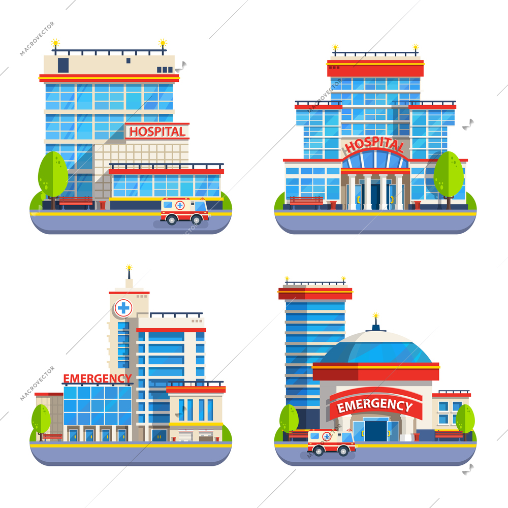 Isolated icons set of modern city hospital and emergency buildings with ambulance car in flat design vector illustration