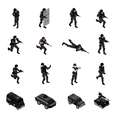 Swat special weapons and tactics law enforcement units ammunition and military equipment isometric icons collection isolated vector illustration