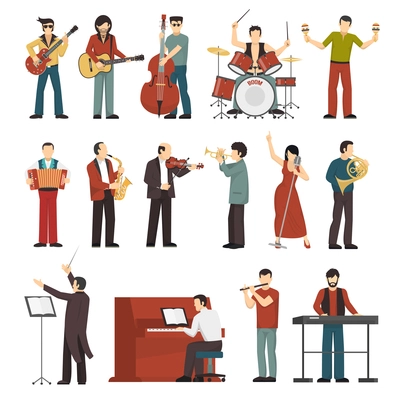 Colored musicians figures with different musical Instruments icons set of conductor guitarist singer drummer trumpet contrabass player flat isolated vector illustration