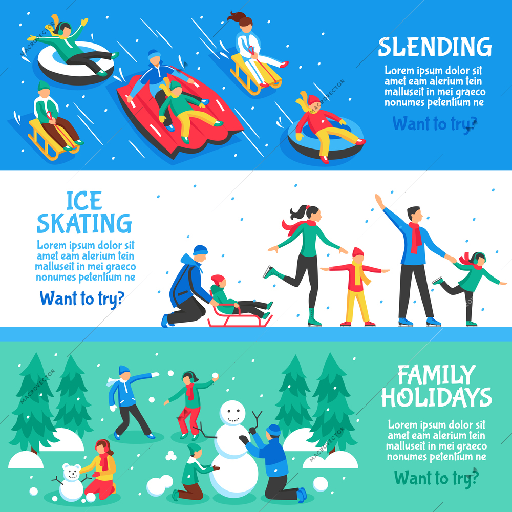 Winter holidays flat horizontal banners set of sledging ice skating and family vacation vector illustration