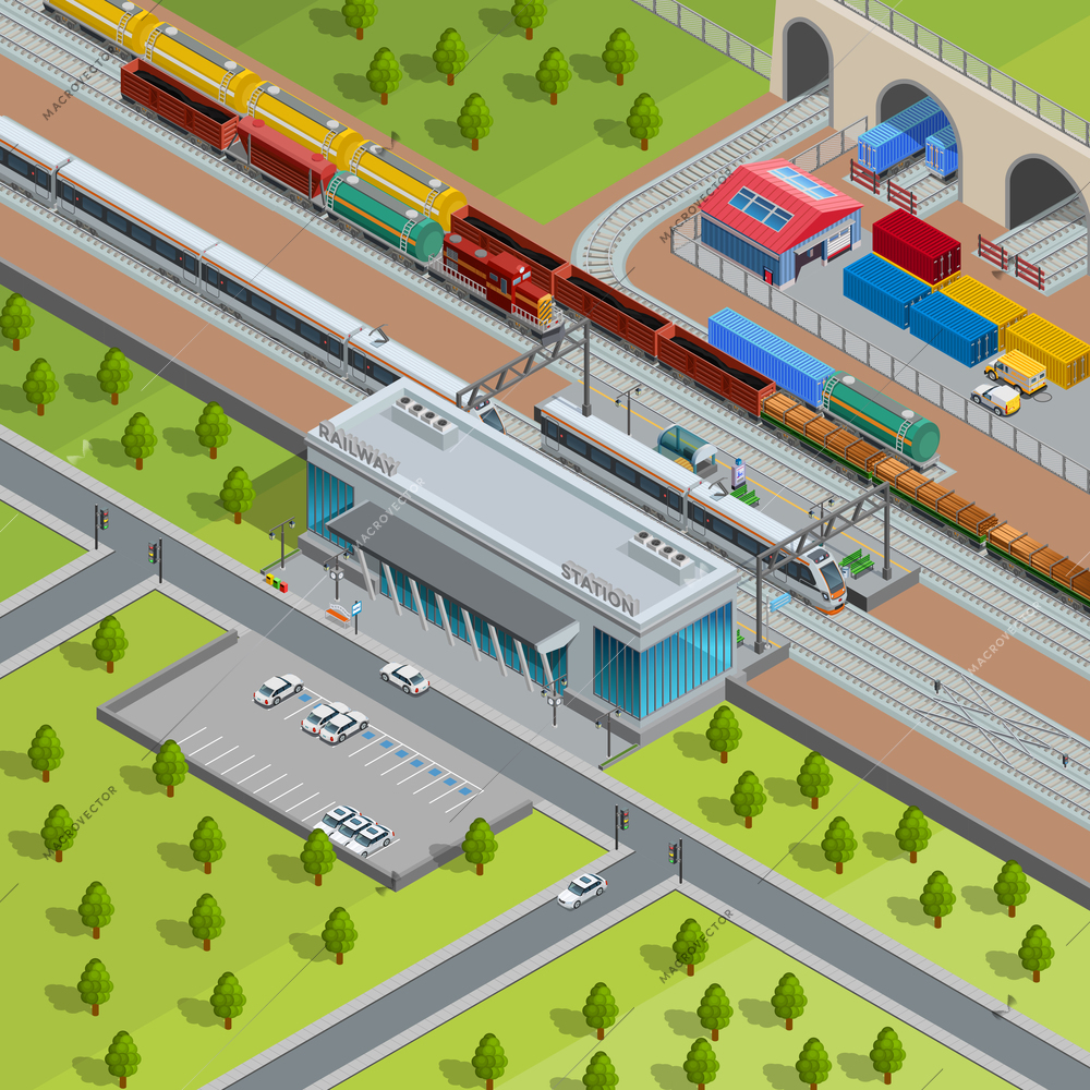 Modern suburban railway station with passing passenger trains goods depot and freight transport isometric poster vector illustration