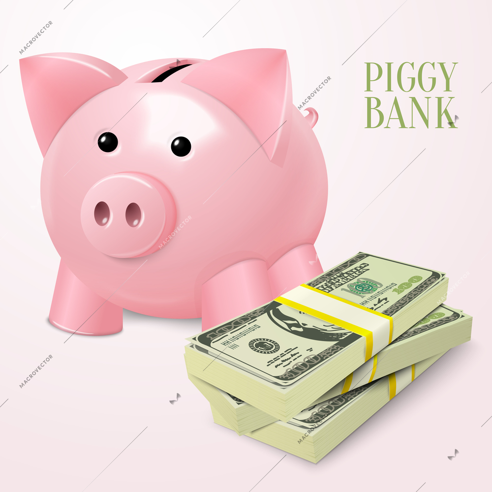 Piggy bank money box with cash dollar banknotes stack vector illustration.