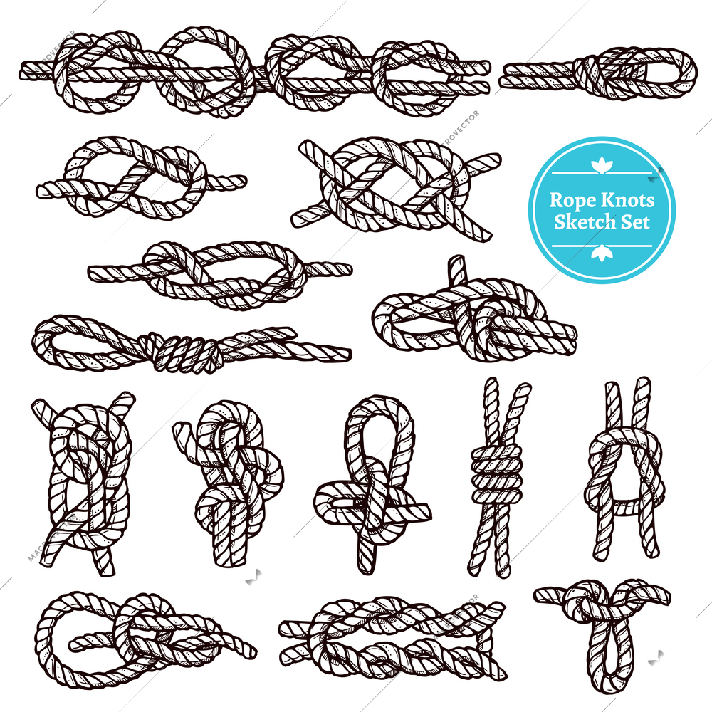 Rope knots sketch set with different hitches and bends on white background isolated vector illustration