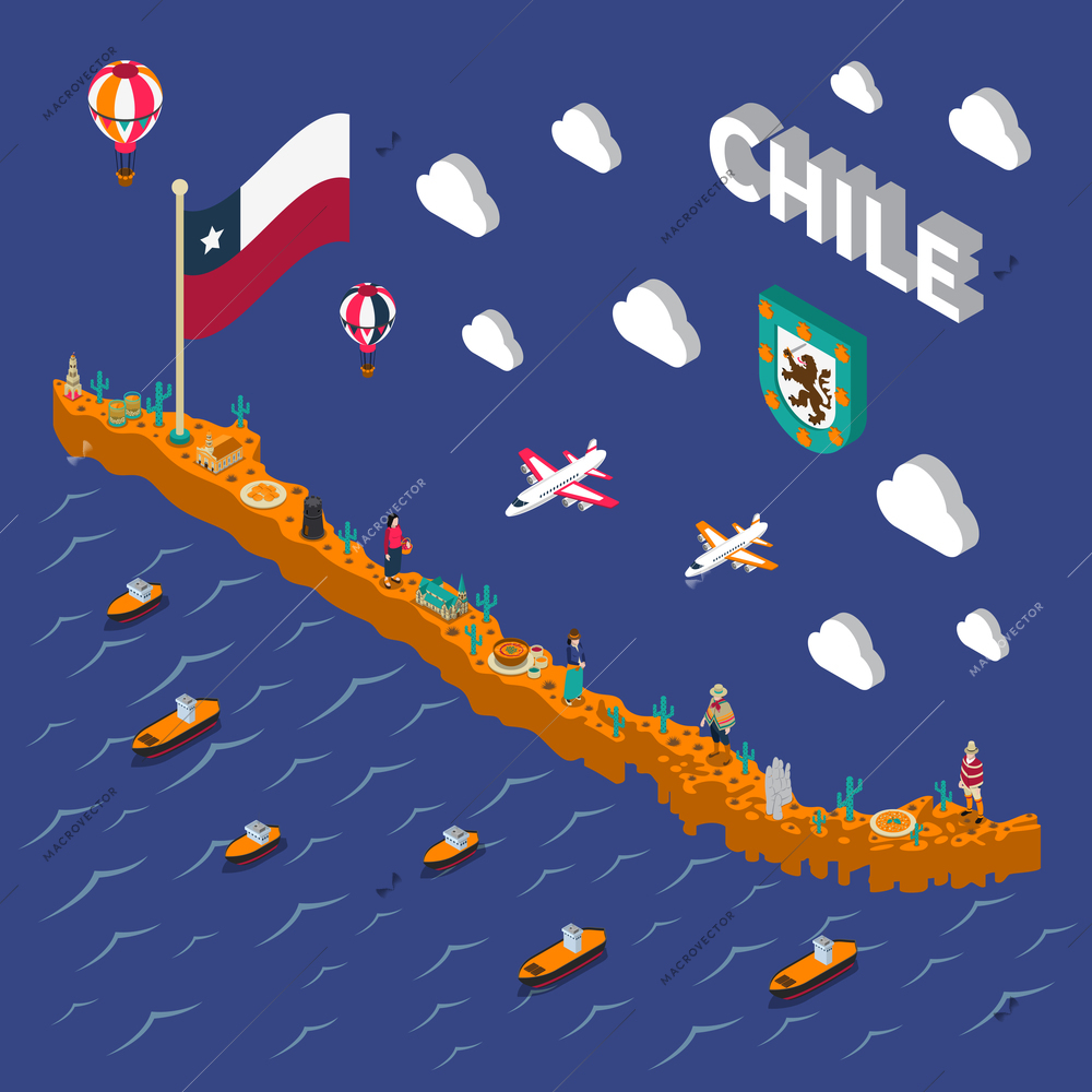 Chilean tourists attractions symbols isometric map with national flag food  and places of interest poster vector illustration