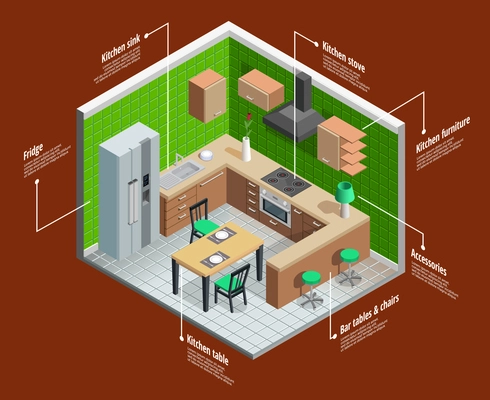 Kitchen interior isometric concept with table and chairs on brown background vector illustration