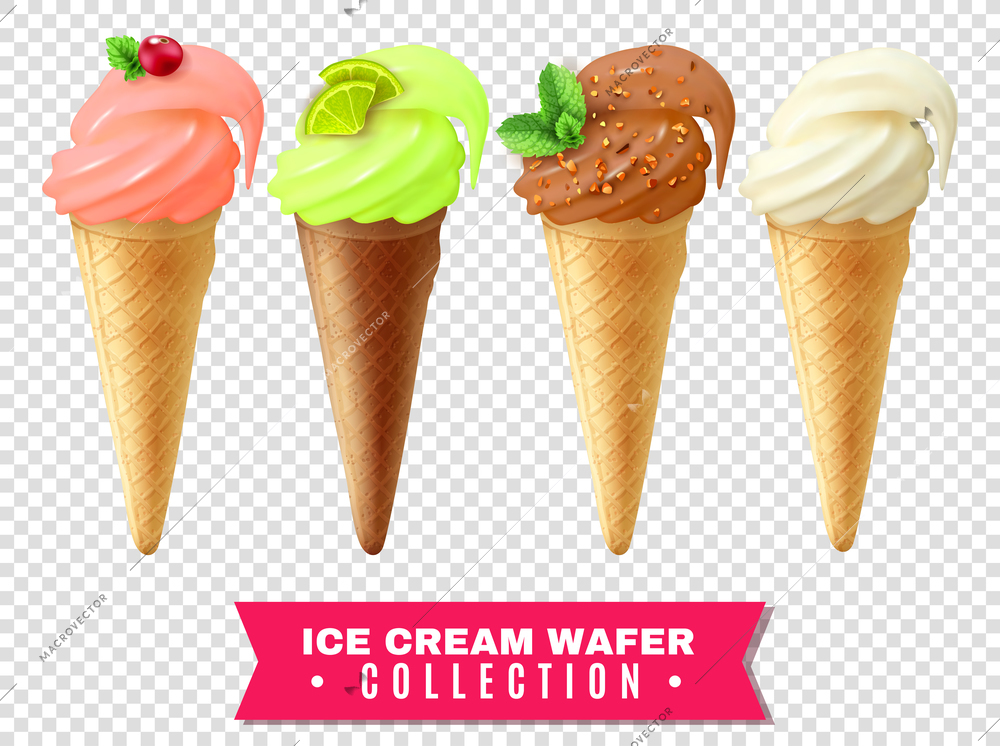 Ice cream collection of vanilla cherry pistachio chocolate ingredients in wafer cones at transparent background realistic vector illustration