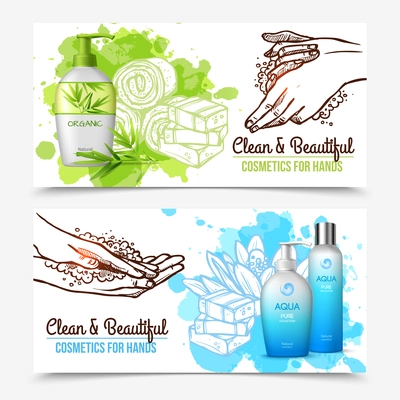 Horizontal healthcare flat banners with organic cosmetics for hands washing isolated on white background vector illustration