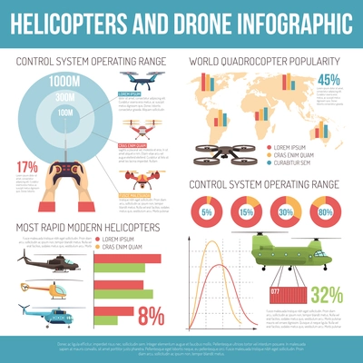 Helicopters and drone infographics layout with copters technical parameters and information about most rapid modern models flat vector illustration
