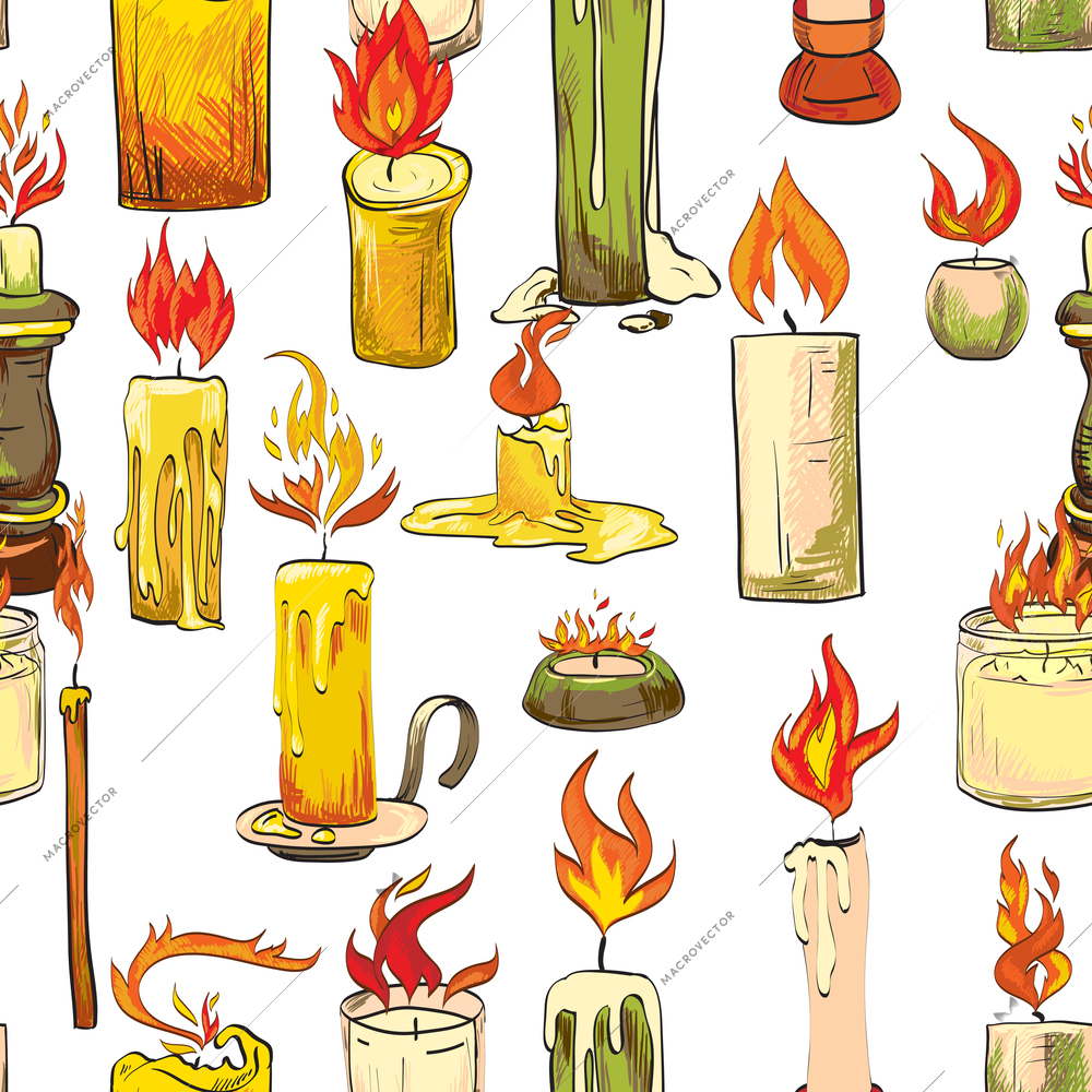 Vintage retro wax flame colorful sketch candles seamless pattern vector illustration