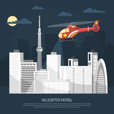 Red patrol helicopter flying over city in night sky with moon and clouds on skyscraper silhouettes background flat vector illustration