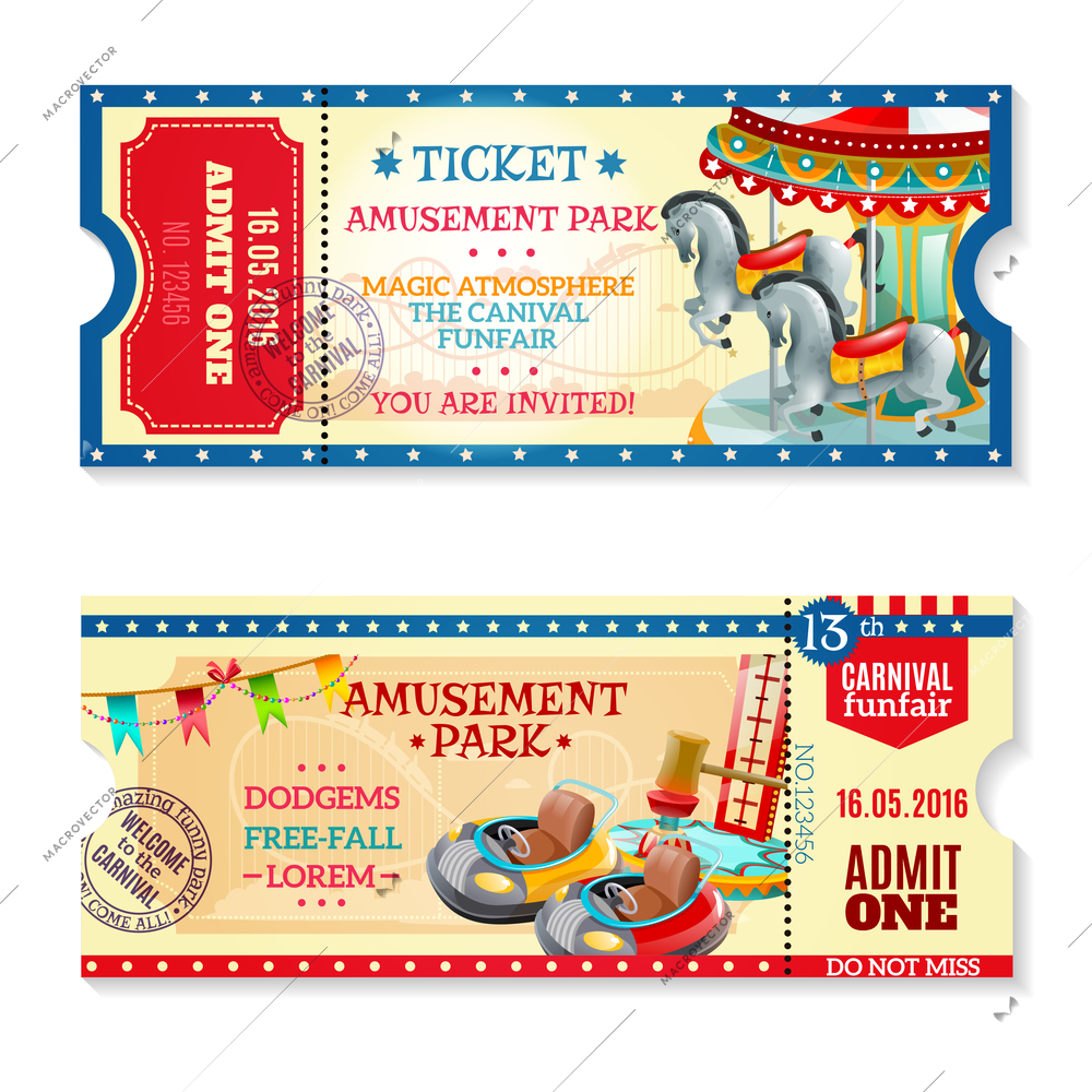 Two invitation tickets to carnival in amusement park with date of event and funfair decorative elements flat vector illustration