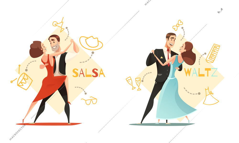 Dancing waltz and salsa couples 2 retro cartoon templates with traditional outlined accessories icons isolated vector illustration