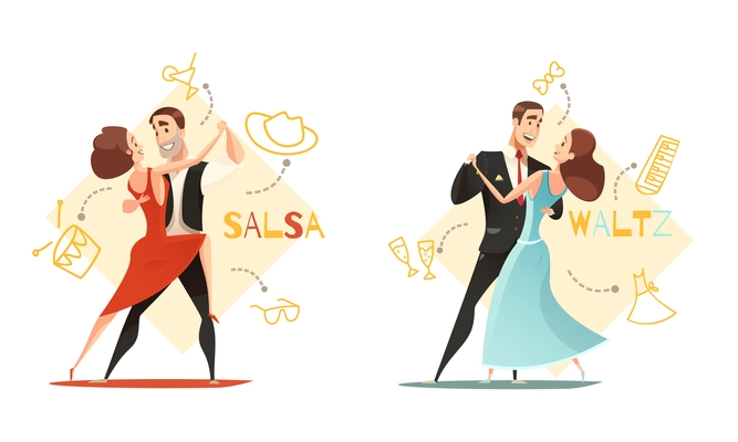 Dancing waltz and salsa couples 2 retro cartoon templates with traditional outlined accessories icons isolated vector illustration