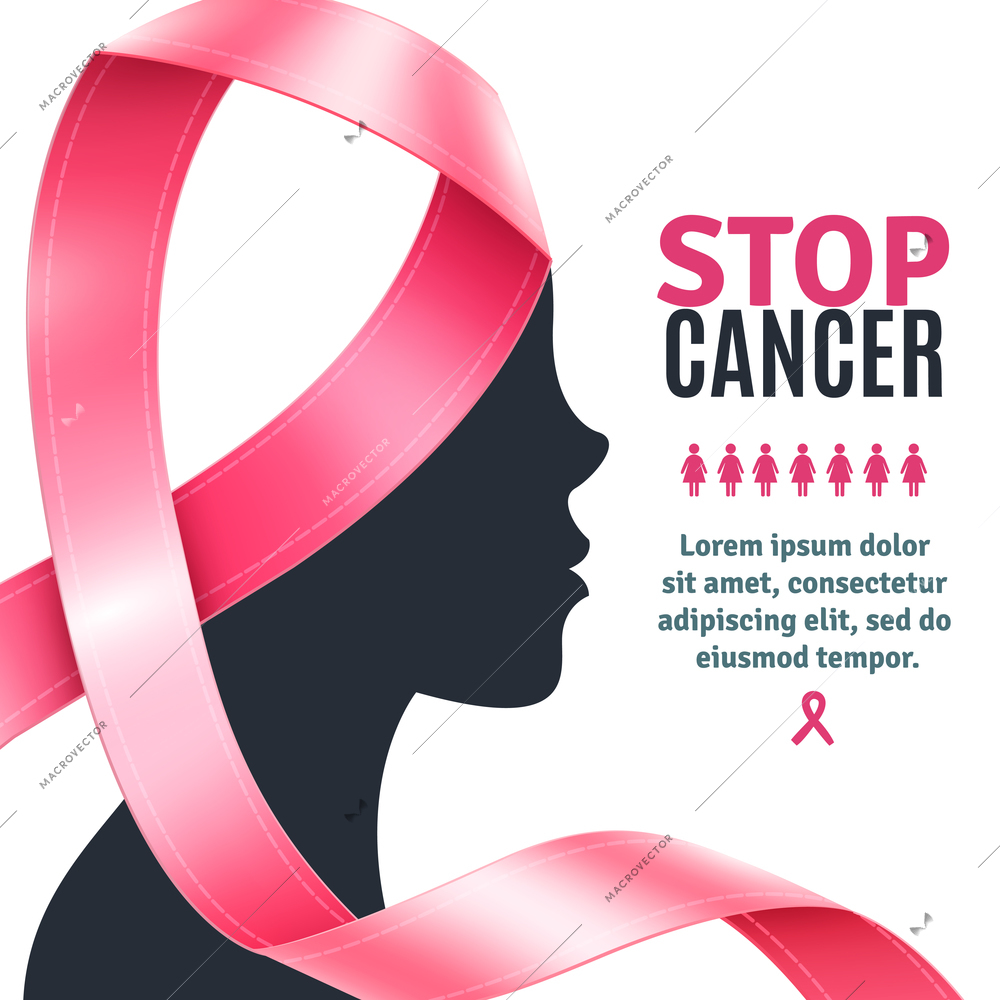 Flat breast cancer awareness background with pink ribbon and female silhouette profile vector illustration