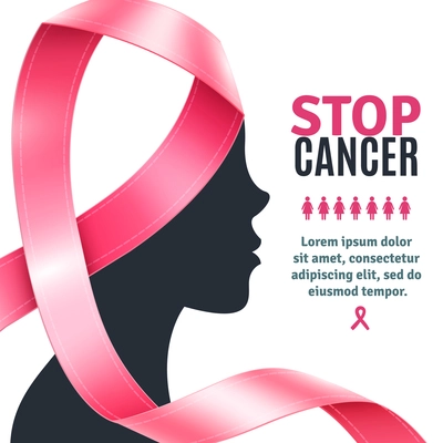 Flat breast cancer awareness background with pink ribbon and female silhouette profile vector illustration