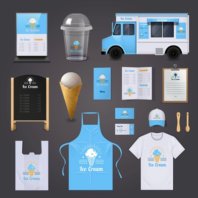 Ice cream corporate identity realistic icons set with apron menu and van isolated vector illustration