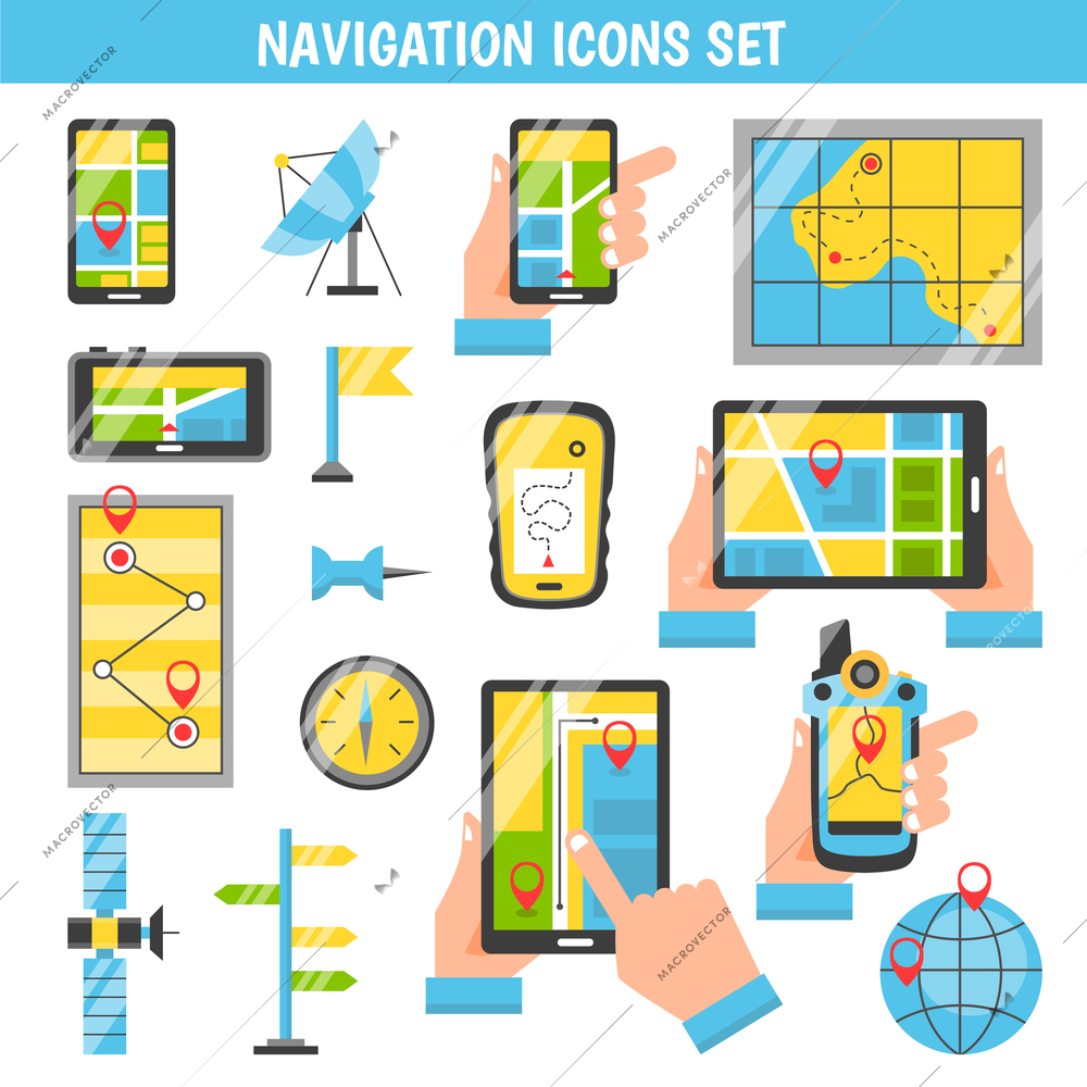 Navigation flat color icons set with routing and maps on screen of mobile phones in people hands isolated vector illustration