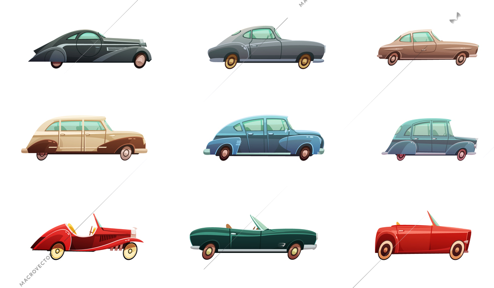 Retro car set of classic sport and convertible side view models of middle of twentieth century isolated vector illustration