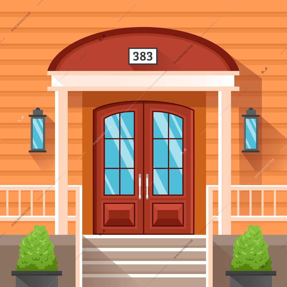 Front door of house decorated by beige siding with porch terrace plants in tubs and lanterns at wall flat vector illustration