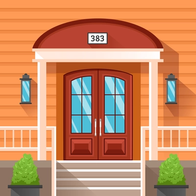 Front door of house decorated by beige siding with porch terrace plants in tubs and lanterns at wall flat vector illustration