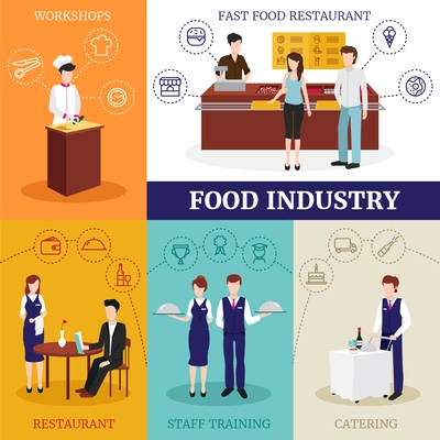 Food industry design concept with male and female people working in restaurant flat isolated vector illustration