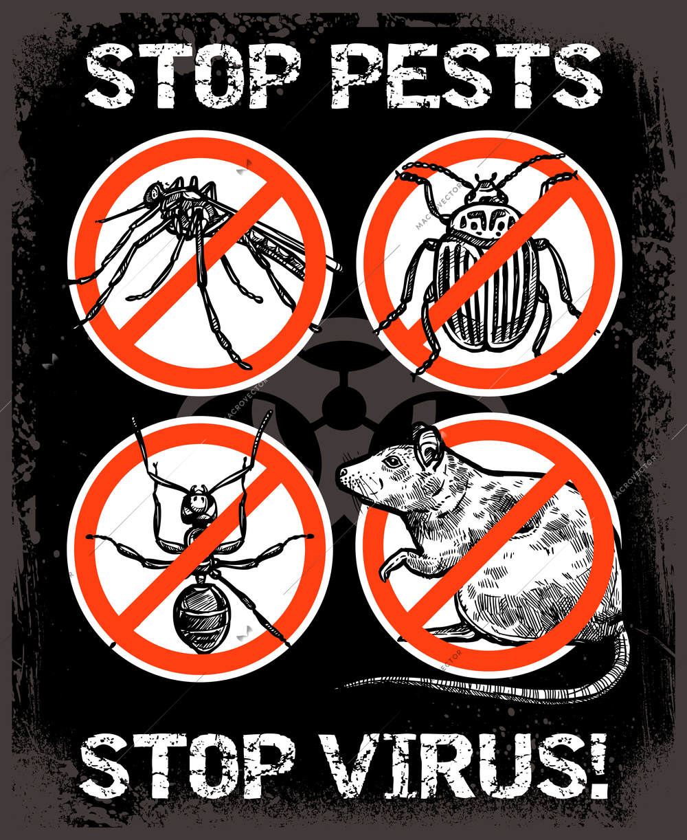 Dark sketch poster of service for pest control with insects and rodent vector illustration