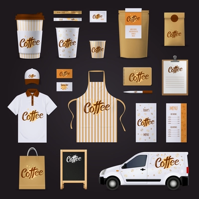 Flat coffee corporate identity design template set for cafe with uniform car glasses menu stationary isolated on black background vector illustration