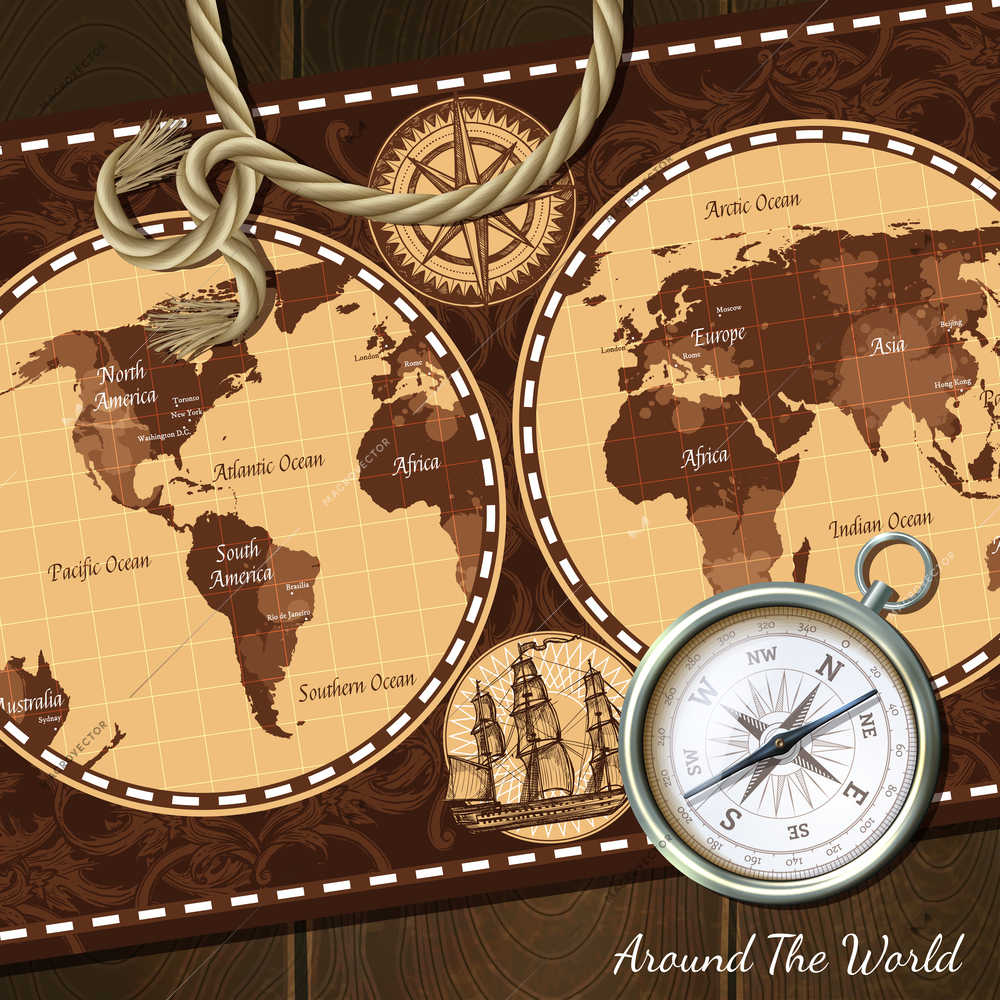 Nautical world retro map in brown colors and compass realistic vintage background vector illustration