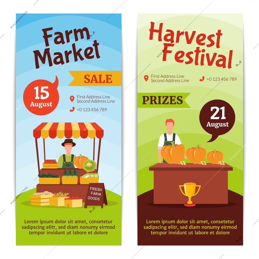 Flat design vertical banners presenting august farm market sale and harvest festival with prizes isolated vector illustration