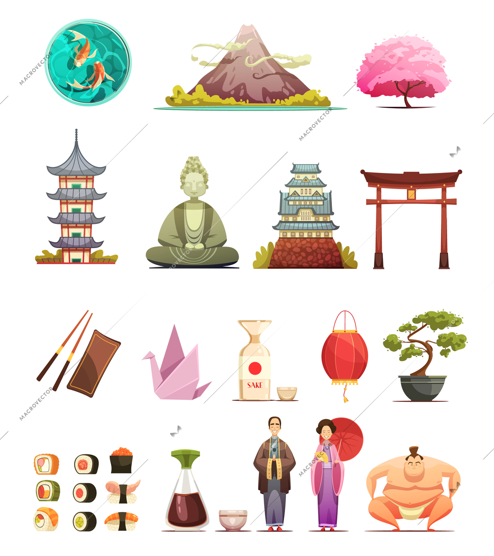 Japanese culture traditions cuisine retro cartoon icons collection with cherry blossom bonsai and sumo wrestler isolated vector illustrations