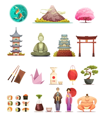 Japanese culture traditions cuisine retro cartoon icons collection with cherry blossom bonsai and sumo wrestler isolated vector illustrations