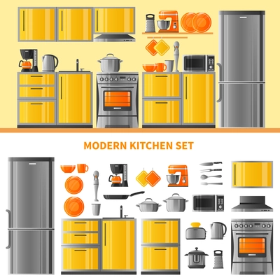 Two horizontal banners with kitchen realistic design concept modern domestic technique and kitchenware set flat vector illustration