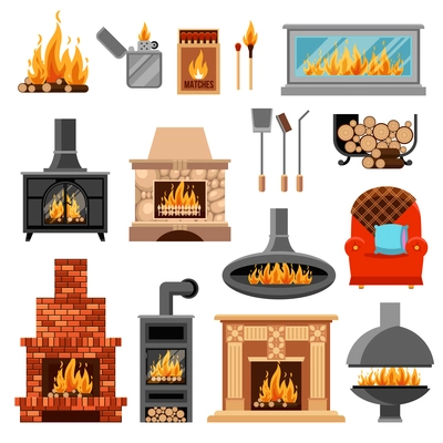 Flat icons set with various types of fireplaces tools for lighting fire and armchair isolated on white background vector illustration