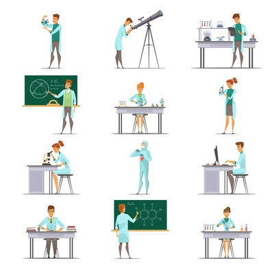 Scientific laboratory research staff members retro cartoon icons collection with astronomer biologist and  nuclear physicist isolated vector illustration