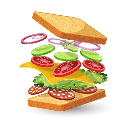 Salami sandwich ingredients food emblem with bread onion cucumber tomato cheese lettuce salami isolated vector illustration