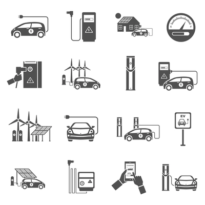 Electric car charging public network service stations with electricity generated from solar black icons collection isolated vector illustration