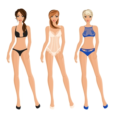 Flat images of pretty girls presenting different frank women underwear flat isolated vector illustration