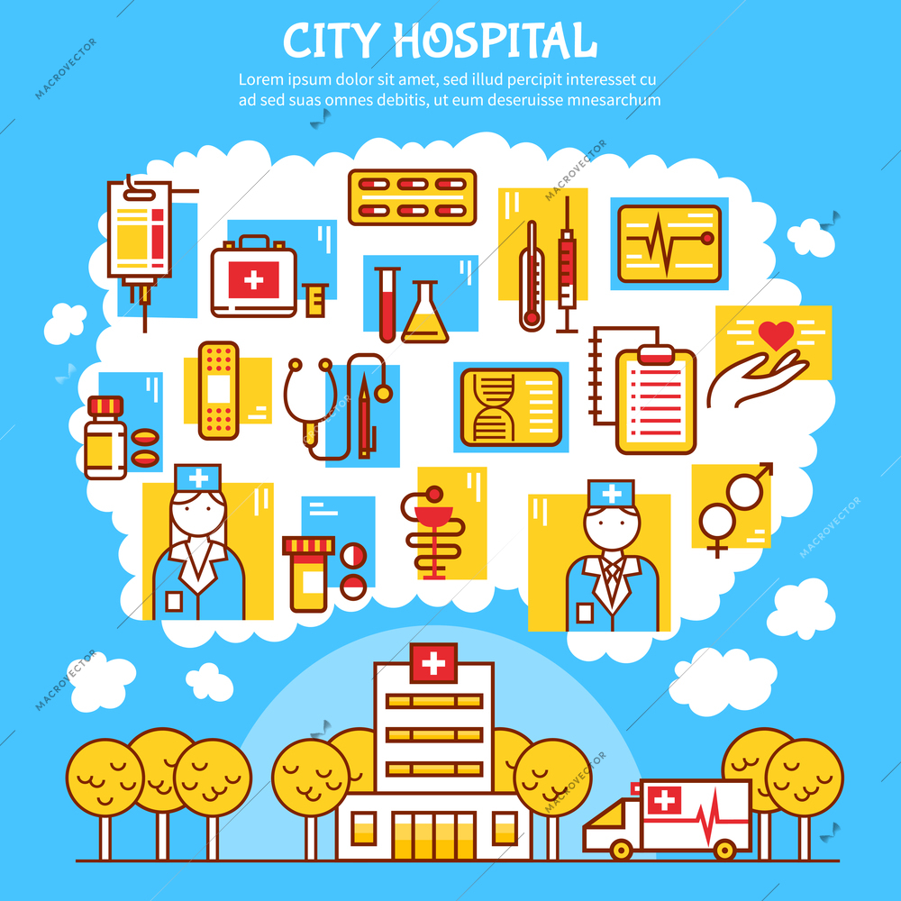 Medical flat vector illustration with city hospital design concept and healthcare icons with thermometer syringe pill blister and nurse and doctor figurines