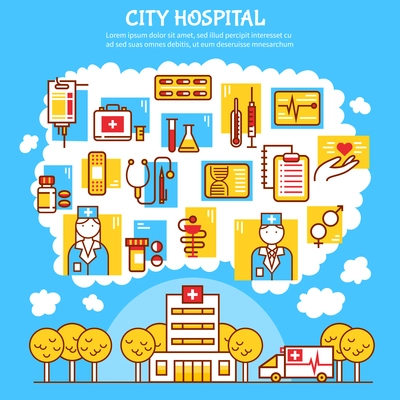 Medical flat vector illustration with city hospital design concept and healthcare icons with thermometer syringe pill blister and nurse and doctor figurines