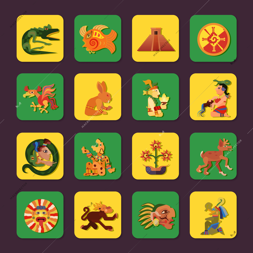 Maya green and yellow icons set with people and art symbols flat isolated vector illustration