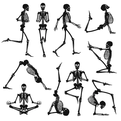 Human skeletons black silhouettes doing gymnastics and yoga asanas isolated on white background flat vector illustration